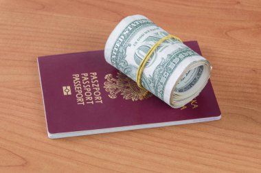 Polonya Cumhuriyeti biyometrik pasaport ve rulo bir dolar para.