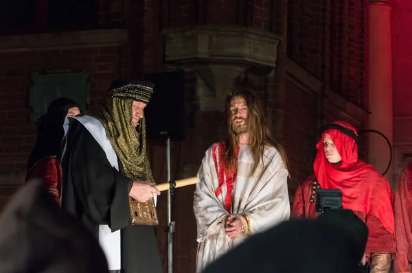 Gdansk, Poland - March 30, 2018: Historical reconstruction of biblical events at night. Mystery of the Passion Play of Jesus Christ in Gdansk.