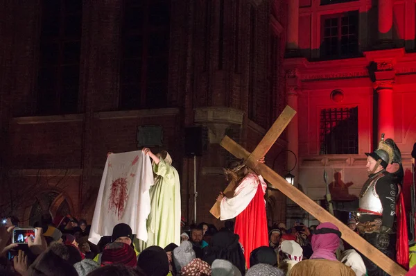 Gdansk, Poland - March 30, 2018: Historical reconstruction of biblical events at night. Mystery of the Passion Play of Jesus Christ in Gdansk.