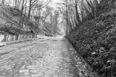 Siyah-beyaz Kazimierz Dolny, Polonya vadisinde setts yol ile döşeli.