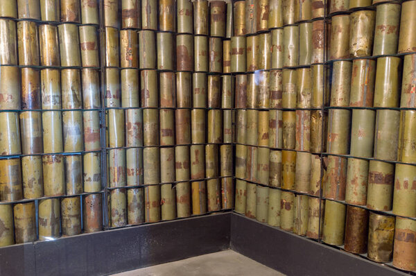 Lublin, Poland - April 14, 2018: Empty poison gas canisters of Zyklon B.