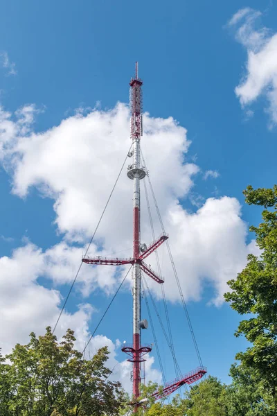 Vista da torre de telecomunicações entre árvores . — Fotografia de Stock