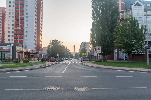 Beautiful view of Sunrise on 30 dubna street with City Hall tower in background. — Stock Photo, Image