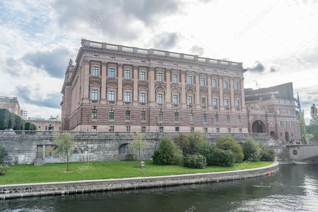 Helgeandsholmen and the Swedish Riksdag Building in Stockholm, Sweden.