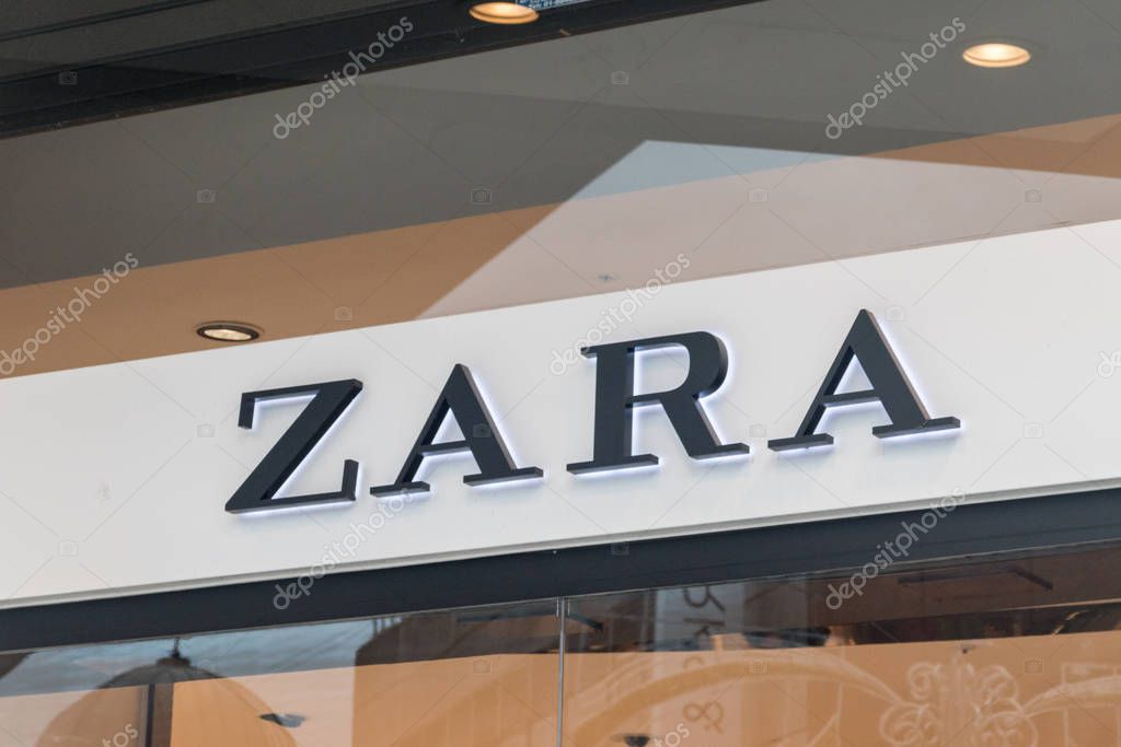 Dublin, Ireland - November 5, 2019: Logo of Zara on the shop. Zara is a Spanish apparel retailer based in Arteixo.