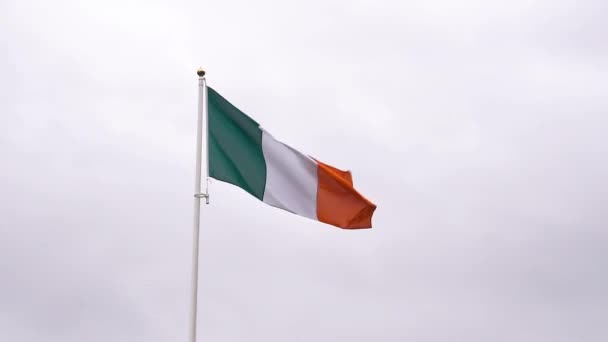 Κυματιστή Σημαία Της Δημοκρατίας Της Ιρλανδίας Στον Συννεφιασμένο Ουρανό — Αρχείο Βίντεο