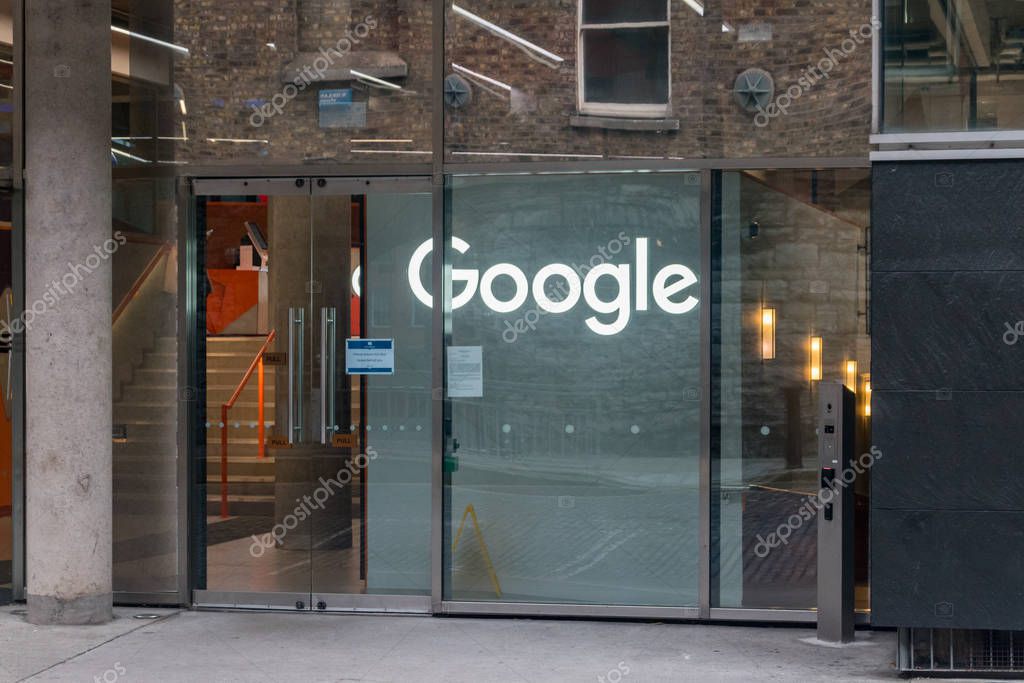 Dublin, Ireland - November 6, 2019: Google sign on the entrance to office building in Dublin.