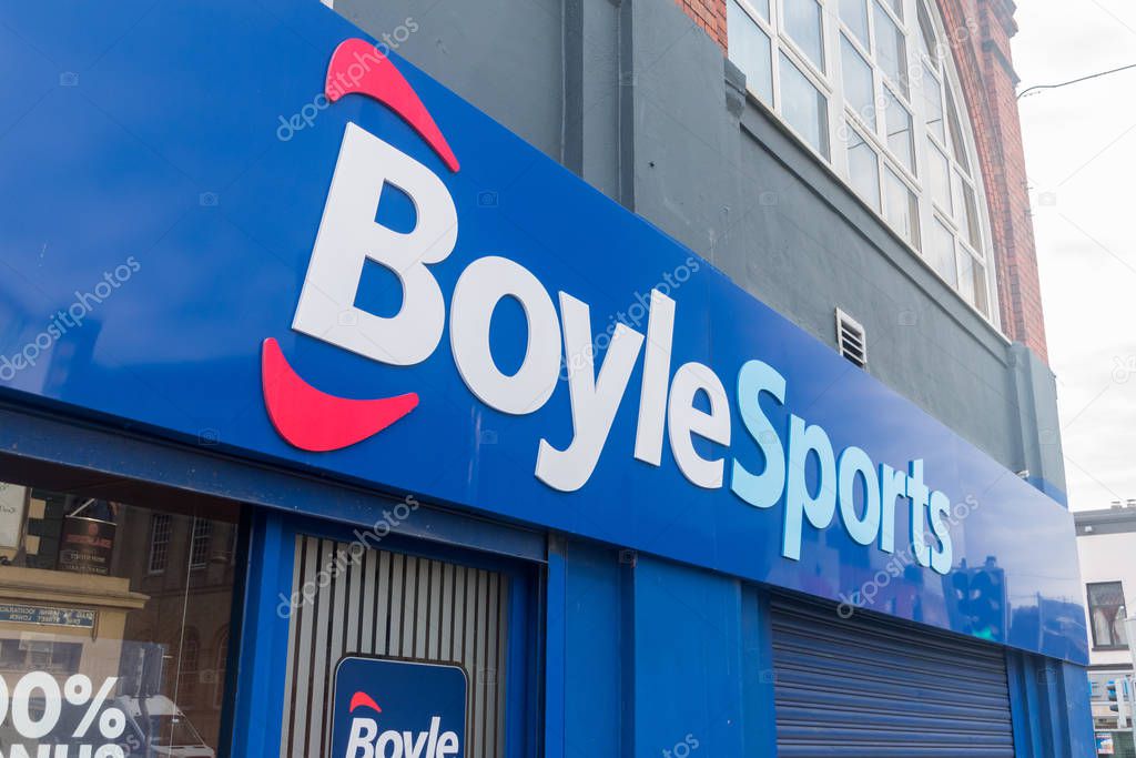 Dublin, Ireland - November 6, 2019: Logo and sign of BoyleSports betting and gaming shop in Dublin.