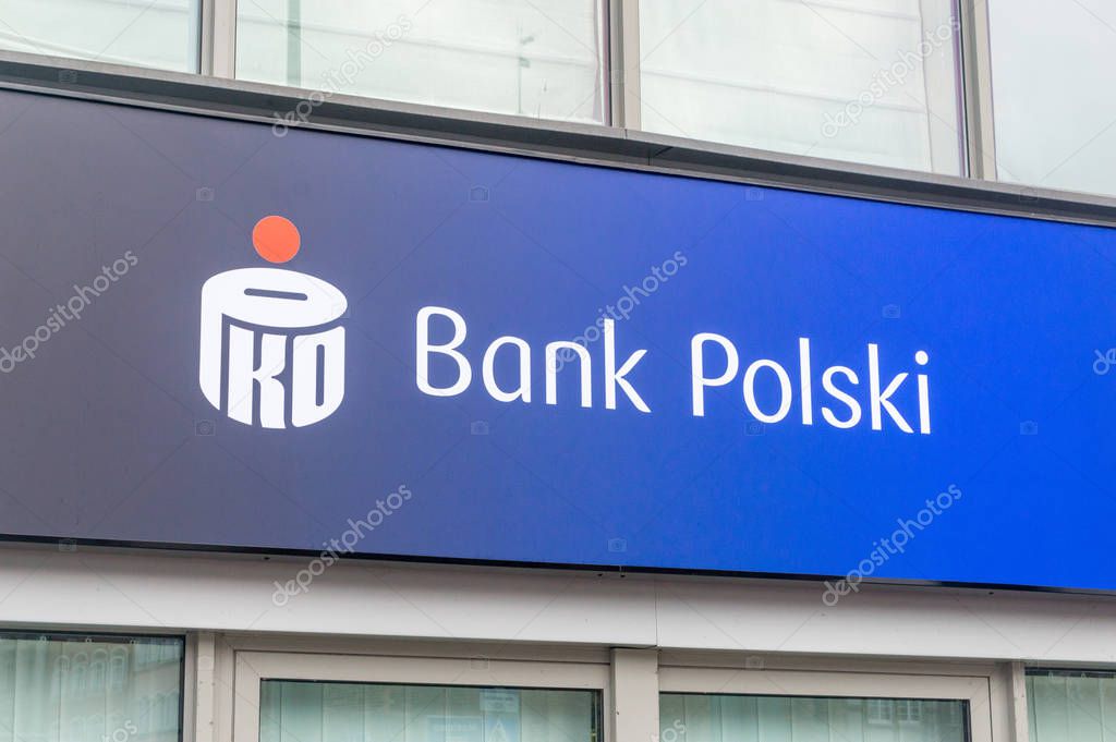 Gdansk, Poland - December 24, 2019: Logo and sign of PKO Bank Polski. PKO Bank Polski also known as PKO BP is Poland's largest bank founded in 1919.