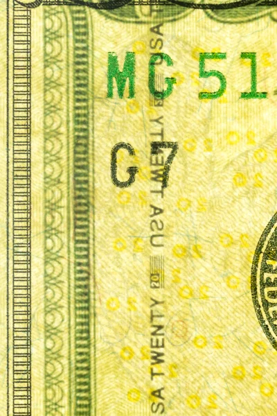 Kunststoff-Sicherheitsstreifen innerhalb 20 USD-Banknote. Sicherheitsstreifen auf amerikanischer Banknote zur Verhinderung von Fälschungen. — Stockfoto