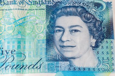 Portrait of Queen Elizabeth II on Bank of England 5 GBP note.