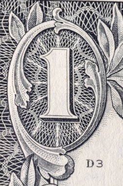 Digit 1 one US dollar bill macro.