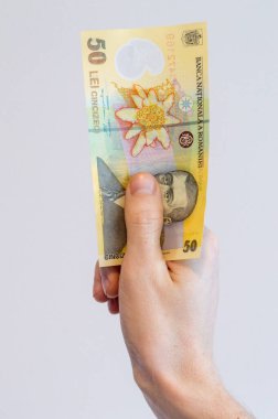 Elinde 50 Romen lei banknotu tutan bir adam.