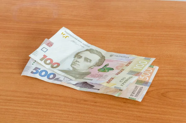 Nowe Ukraińskie Banknoty Hrywien Uah Drewnianym Stole — Zdjęcie stockowe
