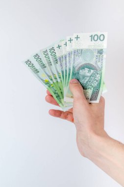 100 EUR ve 100 PLN banknotları sağ elde tutuluyor.