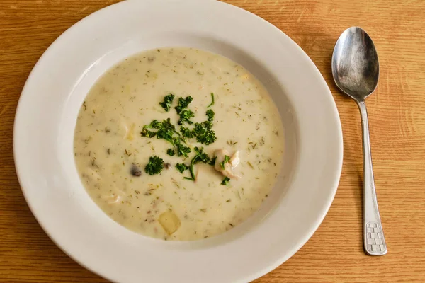用勺子在白盘上品尝传统的沙司汤 — 图库照片