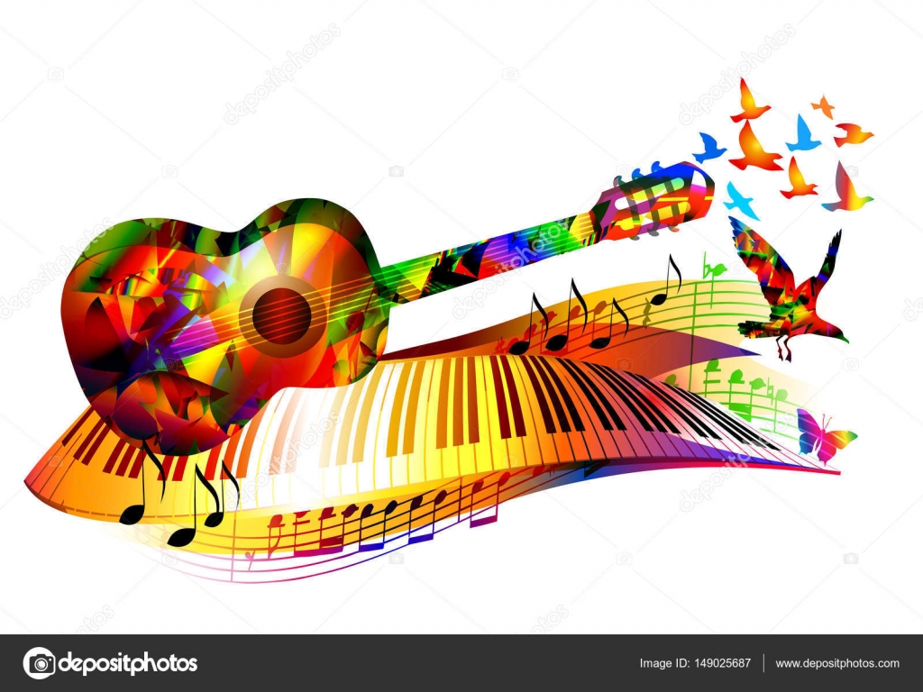 Musikkbakgrunn med gitar, piano, noter og fugler stockvektor © Arija07  #149025687, image size:1024x768