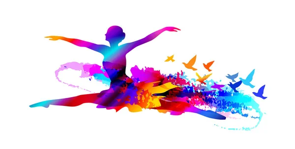 Ballet danseur, peinture numérique avec des oiseaux volants — Image vectorielle