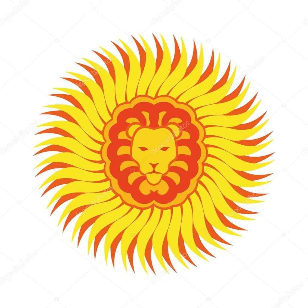 Lion's head in the center of the sun isolated over white background. Lion and sun logo emblem template.
