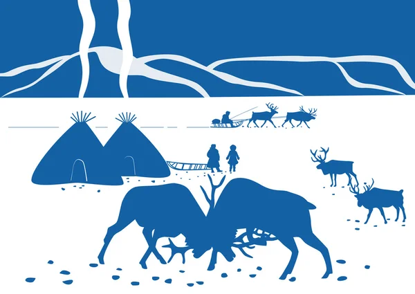 Paysage hivernal nordique avec les Tchouktches et les cerfs — Image vectorielle