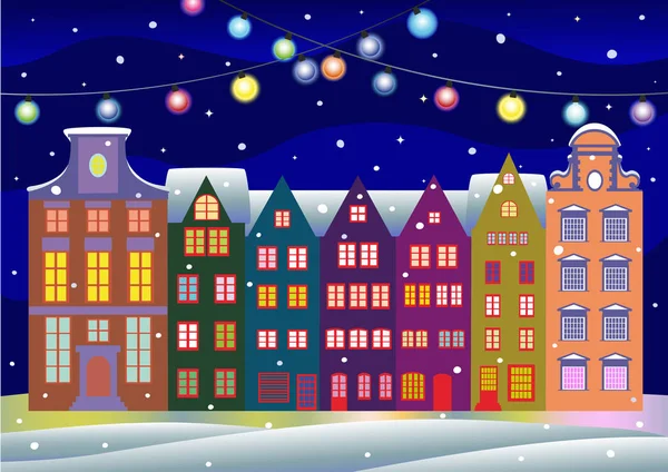 Christmas night in a small town — Stock Vector