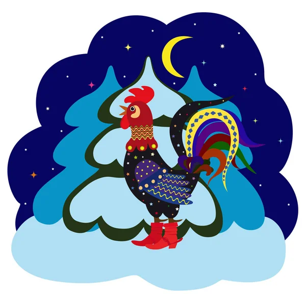 Tarjeta de felicitación de año nuevo con gallo en botas rojas con espuelas — Archivo Imágenes Vectoriales