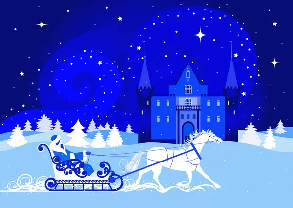 Paisaje nocturno de invierno con una reina de nieve y castillo — Vector de stock