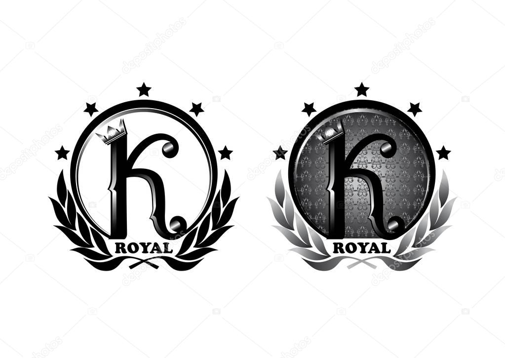 Logo design five-star king with letter K, crown, lettering, laurel branch and pattern isolated over white.