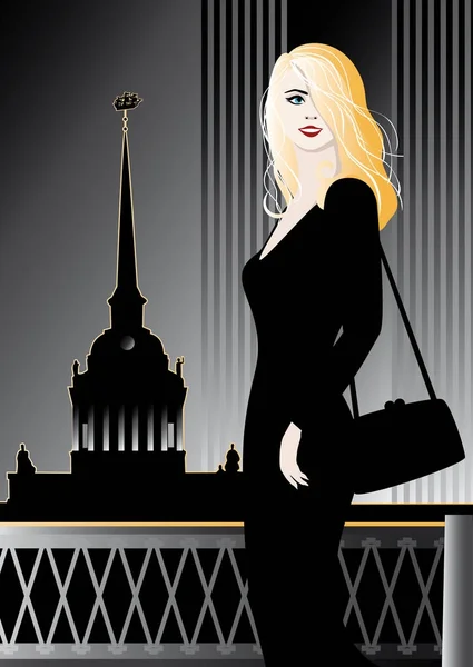 Güzel kız ve Admiralty spire Saint Petersburg arka plan