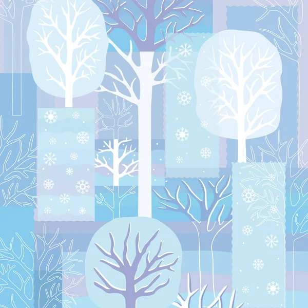 Fondo de invierno con árboles y copos de nieve — Vector de stock