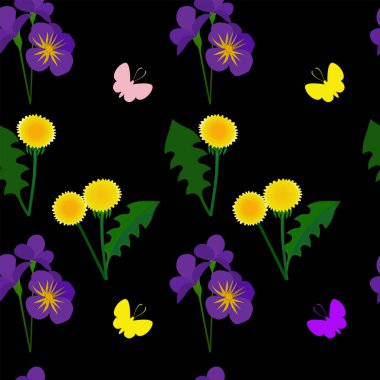 Siyah arka planda karahindiba ve menekşeli kusursuz desen..