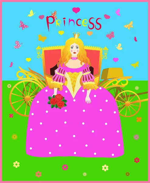 ピンクの18世紀のファッションドレスを着たプリンセス 黄金の馬車の背景にバラがあります — ストックベクタ