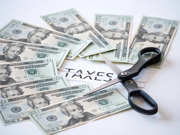 Close Photograph Scissors Cutting Paper Has Taxes Typed Dollar Money — Stock Photo, Image