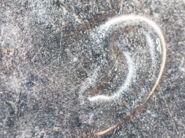 An extreme closeup macro detail microscopic image of the ear on a silver weathered US 10 cent dime coin including blemishes and imperfections. clipart