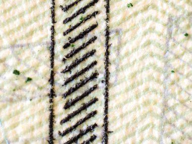 Aşırı closeup makro ayrıntı mikroskobik görüntü katmanlarını uygulanan malzemeleri, konu, lifler ve kusurları bir 20 dolarlık banknot üzerinde gösterilen Amerikalı yazdırılan para biriminin renkli.