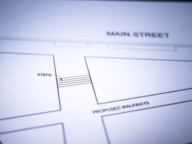 Genel mimari site plan çizimleri bir mimar stüdyo ahşap bir masa üstüne ayarlamak beyaz kağıda basılmış fotoğraf.