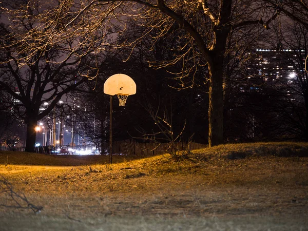 Nighttime Photograph Dark White Metal Basketball Backboard Orange Hoop Rim — Stock Photo, Image