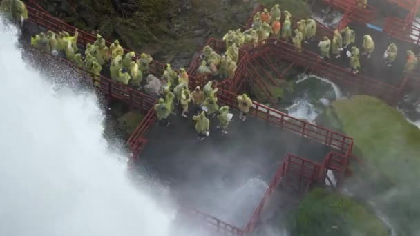 Niagara, NY - 28 maggio 2017: Poncho indossa turisti in piedi sotto le cascate americane e viene colpito da vento e pioggia sul fiume Niagara offrendo ai visitatori una vista ravvicinata della famosa cascata — Video Stock