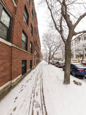 Chicago, IL - 17 Şubat 2018: Ağır kar taneleri sonbahar günü Cumartesi öğleden sonra ağaçlar, yollar ve kabarık beyaz kar güzel kış manzara oluşturma Edgewater mahallede evleri kapsayan.