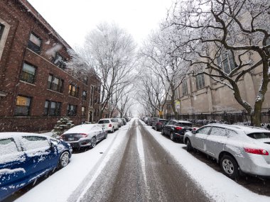 Chicago, IL - 17 Şubat 2018: Ağır kar taneleri sonbahar günü Cumartesi öğleden sonra ağaçlar, yollar ve kabarık beyaz kar güzel kış manzara oluşturma Edgewater mahallede evleri kapsayan.