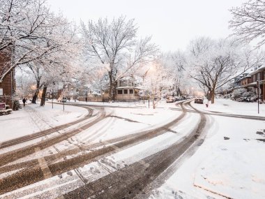 Chicago, IL - 17 Şubat 2018: Ağır kar taneleri sonbahar günü Cumartesi öğleden sonra ağaçlar, yollar ve kabarık beyaz kar güzel kış manzara oluşturma Edgewater mahallede evleri kapsayan.