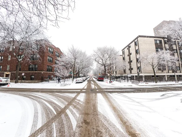 Chicago, IL - 17 Şubat 2018: Ağır kar taneleri sonbahar günü Cumartesi öğleden sonra ağaçlar, yollar ve kabarık beyaz kar güzel kış manzara oluşturma Edgewater mahallede evleri kapsayan.