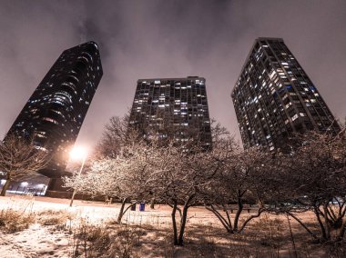 Chicago, IL - 17 Şubat 2018: Ağır kar taneleri ağaçlar, yollar boya ve beyaz karda highrise condominiums Sheridan yolu üzerinde aşağıda Edgewater mahallede gece zemin.