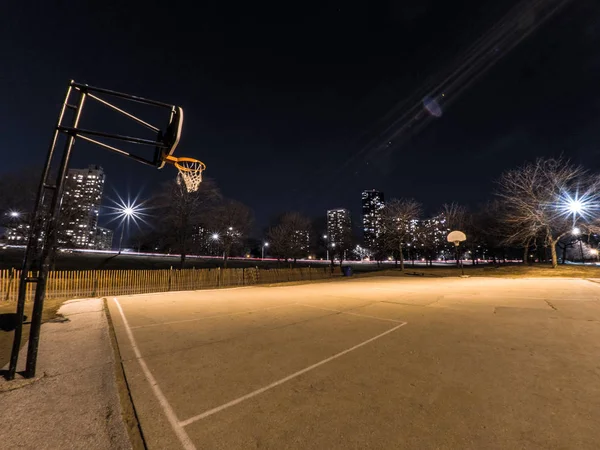 Wide Angle Photograph Concrete Exterior Basketball Court Hoops Either End — Stock Photo, Image