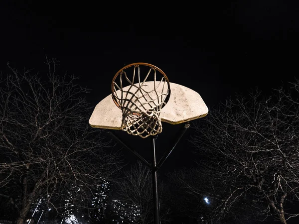 Close Photograph White Metal Outdoor Playground Basketball Backboard Orange Hoop — Stock Photo, Image