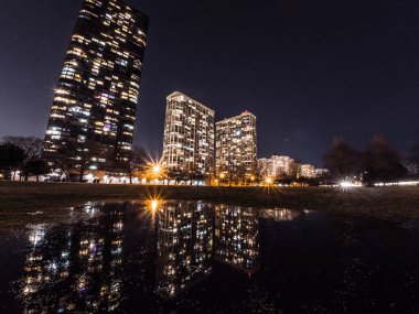 Güzel uzun pozlama gece fotoğraf yüksek doğmak konut kınamak bina ve su birikintisi yansıması ile Chicago içinde ışıklar ve ön plan ve çıplak kış ağaçlar ve ötesinde karanlık gökyüzü yeşil çim.