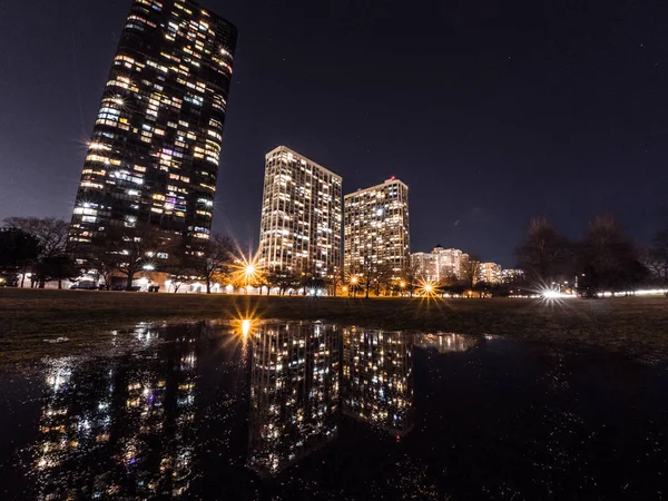 Güzel uzun pozlama gece fotoğraf yüksek doğmak konut kınamak bina ve su birikintisi yansıması ile Chicago içinde ışıklar ve ön plan ve çıplak kış ağaçlar ve ötesinde karanlık gökyüzü yeşil çim.