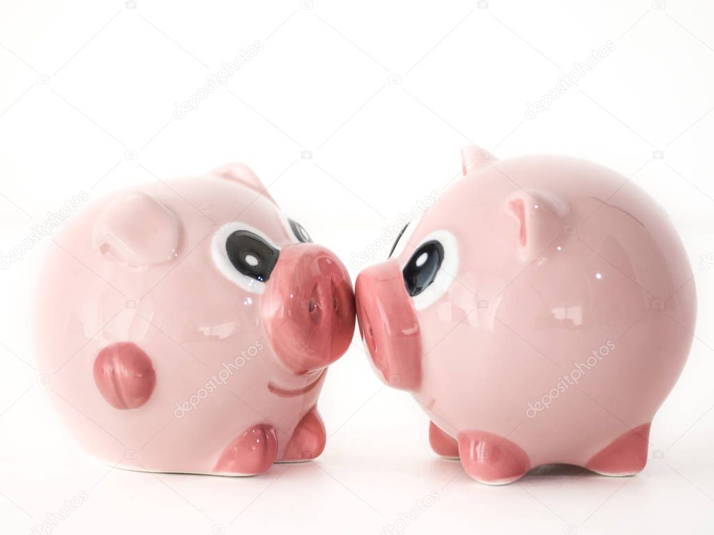 Close up photograph of two pink round pig ceramic salt and pepper shakers kissing or touching snouts facing each other isolated on a white background with space around the animal shaped objects.