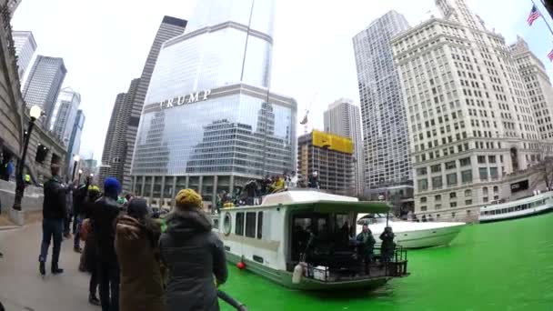 Chicago, Il - 17 maart-2018: Drukte vorm langs de groene geverfd Chicago River en juichen voor kralen uit een passerende boot op zaterdag tijdens het jaarlijkse St. Patrick's Day viering van de stad. — Stockvideo