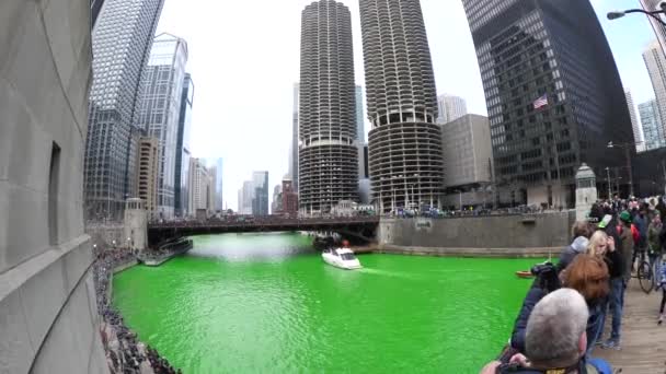 Chicago, Il - 17 maart-2018: Drukte vorm langs de Chicago River op zaterdag om naar te kijken de rivier groen tijdens het jaarlijkse St. Patrick's Day viering van de stad. — Stockvideo